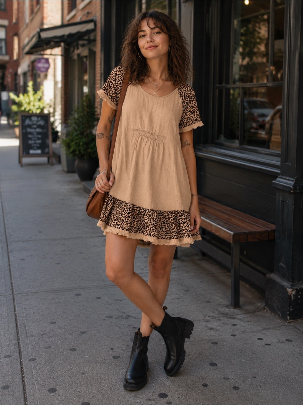 Umgee Beige Mini Dress with Leopard Trim